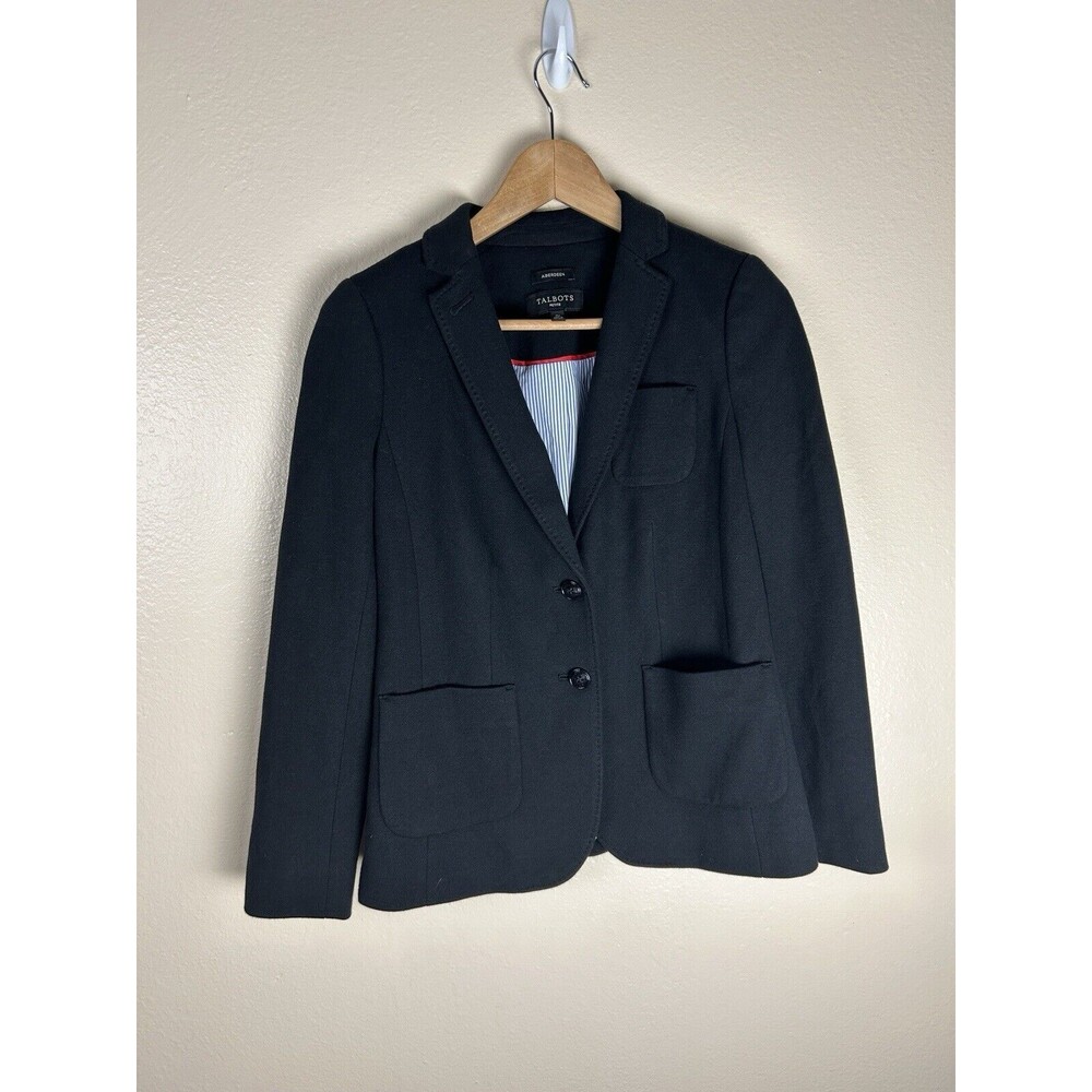 Talbots 0P 0 Petite Aberdeen Blazer Jacket Black Cotton Knit Stitch Career Notch
